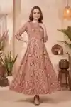 Graceful Beige Ikat Inspired Anarkali Kurti with Embroidered Yoke Coral Motifs Tassel Details - DK-1062