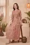Graceful Beige Ikat Inspired Anarkali Kurti with Embroidered Yoke Coral Motifs Tassel Details - DK-1062