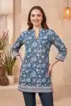 Elegant Indigo Blue Jaipuri Print Cotton Blend Short Kurti with Band Collar - CP-S-39-V
