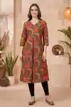 Elegant Olive Green Kalamkari Print A Line Long Kurta for Women with V Neck and Decorative Button - LN-132