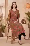 Elegant Olive Green Kalamkari Print A Line Long Kurta for Women with V Neck and Decorative Button - LN-132