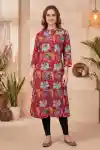 Regal Red Ethnic Print Long Kurta with A-Line Silhouette Band Collar Front Buttons - LN-133
