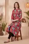 Regal Red Ethnic Print Long Kurta with A-Line Silhouette Band Collar Front Buttons - LN-133