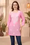 Pretty Pink Rayon Chikankari Short Kurti for Women with White Floral Embroidery Round Neck - CK-S-131