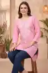 Pretty Pink Rayon Chikankari Short Kurti for Women with White Floral Embroidery Round Neck - CK-S-131