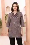 Mystic Wine Ajrakh Print Cotton Blend Short Kurti for Women with Coat Collar Thread Work - CP-S-76