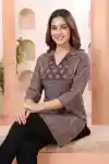 Mystic Wine Ajrakh Print Cotton Blend Short Kurti for Women with Coat Collar Thread Work - CP-S-76