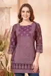 Rich Wine Ajrakh Printed Cotton Blend Short Kurti with Round Neck Thread Work - CP-S-78
