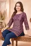 Rich Wine Ajrakh Printed Cotton Blend Short Kurti with Round Neck Thread Work - CP-S-78