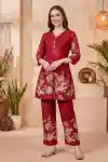 Rich Red Magic Cotton Printed Kurta Pant Co Ord Set with V Neck Thread Detailing and Side Pocket - CD-501