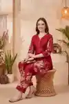 Rich Red Magic Cotton Printed Kurta Pant Co Ord Set with V Neck Thread Detailing and Side Pocket - CD-501