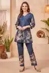 Midnight Blue Magic Cotton Floral Print Kurta Pant Co Ord Set with V Neck Decorative Detailing - CD-502