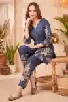 Midnight Blue Magic Cotton Floral Print Kurta Pant Co Ord Set with V Neck Decorative Detailing - CD-502