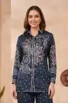 Midnight Blue Modal Crepe Silk Bandhani Print Shirt for Women with Collar - DM-27-BL