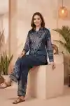 Midnight Blue Modal Crepe Silk Bandhani Print Shirt for Women with Collar - DM-27-BL