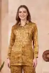 Golden Mustard Modal Crepe Silk Bandhani Shirt with Traditional Floral Back Motif - DM-27-MD