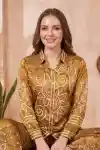 Golden Mustard Modal Crepe Silk Bandhani Shirt with Traditional Floral Back Motif - DM-27-MD
