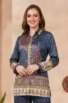 Midnight Navy Modal Crepe Silk Bandhani Shirt for Women with Decorative Front Motif - DM-31-BL