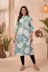 Serene Blue Cotton Blend Floral Kurti for Women with Ban Collar Princess Cut Silhouette - LN-134