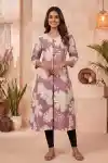 Muted Mauve A Line Kurti for Women with Large Floral Print Princess Cut Silhouette - LN-135