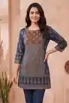 Indigo Blue Blended Cotton Azrakh Print Short Kurti with Round Neck - CP-S-78-BL