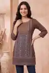 Mocha Brown Azrakh Print Cotton Blend Short Kurti for Women - CP-S-79
