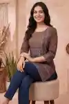 Mocha Brown Azrakh Print Cotton Blend Short Kurti for Women - CP-S-79