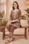 Warm Brown Soft Crumble Two Piece Set Featuring Floral Embroidery Lace Trim Round - CD-701
