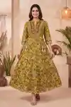 Heritage Mehandi Green Cotton Anarkali Kurti with Jaipuri Floral Print Embroidered Yoke - DK-1063