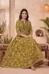 Heritage Mehandi Green Cotton Anarkali Kurti with Jaipuri Floral Print Embroidered Yoke - DK-1063