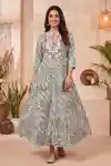 Soft Cream Jaipuri Cotton Anarkali Kurti with Traditional Paisley Pattern Embroidered Yoke Flared Si - DK-1064
