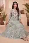 Soft Cream Jaipuri Cotton Anarkali Kurti with Traditional Paisley Pattern Embroidered Yoke Flared Si - DK-1064