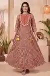 Heritage Rust Ethnic Print Jaipuri Cotton Anarkali Kurta with Statement Yoke Ban Collar Gota Lace - DK-1065
