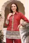 Festive Red Bandhani Pattern Shirt Collar Kurti Top with Front Buttons and Decorative Hem Border - DM-31-RD