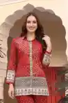 Festive Red Bandhani Pattern Shirt Collar Kurti Top with Front Buttons and Decorative Hem Border - DM-31-RD