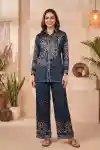 Midnight Blue Bandhani Print Crepe Silk Co Ord Set for Women with Shirt Collar and Heritage Back - DM-C-27-BL