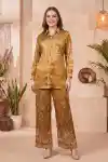 Golden Mustard Crepe Silk Bandhani Co Ord Set with Shirt Collar Long Sleeves - DM-C-27-MD