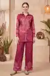 Radiant Hot Pink Crepe Silk Bandhani Co Ord Set with Shirt Collar and Heritage Floral Back - DM-C-27-PK