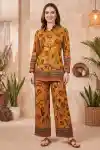 Rich Mustard Floral Printed Co Ord Set for Women with Shirt Collar and Wide Leg Pants - DM-C-33