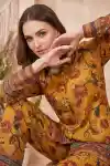 Rich Mustard Floral Printed Co Ord Set for Women with Shirt Collar and Wide Leg Pants - DM-C-33