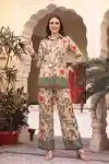 Soft Beige Botanical Floral Shirt Style Kurti and Pant Set with Contrast Border Detailing - DM-C-32
