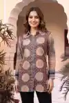 Earthy Beige Ajrakh Print Shirt Style Kurti Top with Geometric Motifs - DM-25