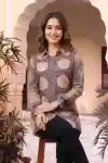 Earthy Beige Ajrakh Print Shirt Style Kurti Top with Geometric Motifs - DM-25