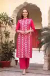 Rani Pink Cotton Princess Cut Long Kurta Set with Chikankari Style Embroidery and Coordinated Palazz - cd-601