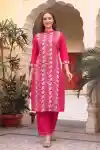 Rani Pink Cotton Princess Cut Long Kurta Set with Chikankari Style Embroidery and Coordinated Palazz - cd-601