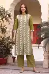 Mehandi Green Cotton Chikankari Embroidered Princess Cut Long Kurti with Matching Palazzo - CD-602