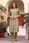 Mehandi Green Cotton Chikankari Embroidered Princess Cut Long Kurti with Matching Palazzo - CD-602