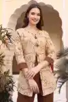 Earthy Beige Floral Embroidery Top with Chocolate Brown Palazzo Two Piece Co Ord Set - CD-702