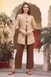 Earthy Beige Floral Embroidery Top with Chocolate Brown Palazzo Two Piece Co Ord Set - CD-702