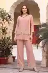 Soft Pink Three Piece Palazzo Set with Collared Top Layered Embroidery Panel and Coordinated Inner - CD-703